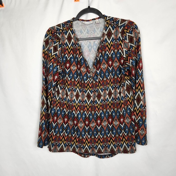 Rafaella Womens Sweater Blouse 1/4 Zip Top Long Sleeve Boho Aztec Size Medium - Picture 1 of 7